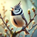 Mésange avec bec ouvert sur arbre