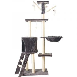 Arbre a chat : Arbre a chat de 138 cm, gris et beige qui contient avec souris suspendus, des gratte griffe, un hamac, des suspensions et une niche.