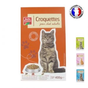 Boite de croquette pour chat adulte 400g de marque Belle France. 4 boites avec différents gouts sur l'image: - Boeuf, poulet, lapin et dinde - Poissons et légumes verts - Boeuf, foie et légume vert - Légumes verts, volaille et lait