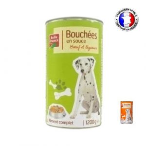 bouchées pour chien ou paté en boite marque Belle France 1.200 kg. 2 saveurs : boeufs / légumes et poulet