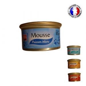 Paté pour chat 85g marque Belle France. 4 gouts disponibles sur l'image : boeuf, saumon, pousson blanc et volaille. Paté pour chaton